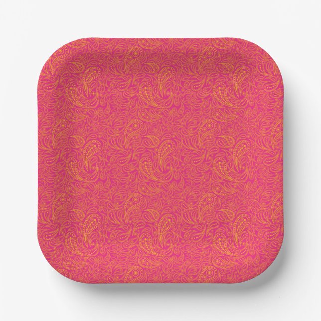 Rosa gelbes Paisleymuster Pappteller (Vorderseite)