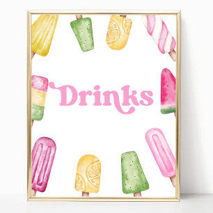 Rosa Gelbgelbes Popsicle Party Drinks Tafelschild Poster