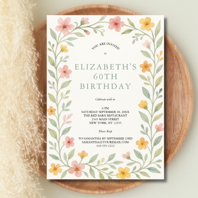 Rosa Gelbweide Grün Blumengewässer 60. Einladung (Pink yellow sage green watercolor florals 60th birthday invitation. Printed or Digital Download)