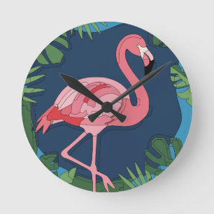 Rosa Geo Flamingo mit Namen Runde Wanduhr