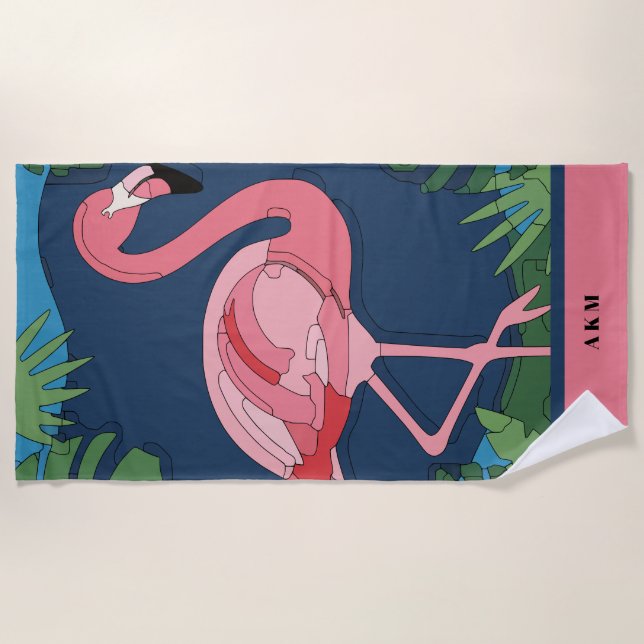 Rosa Geo Flamingo mit Namen Strandtuch (Vorderseite)