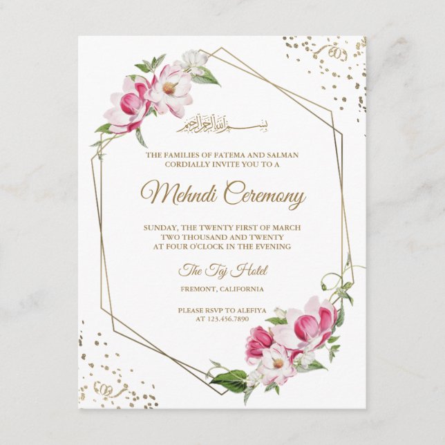Rosa geometrische Goldrahmen, islamisches Mehndi Begleitkarte (Vorderseite)