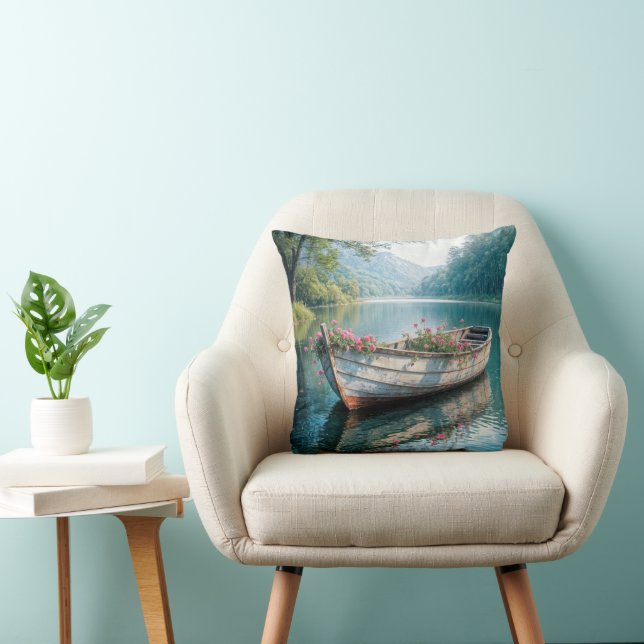 Rosa Geranien in einem alten Rowboat Kissen (Stuhl )