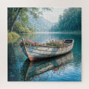 Rosa Geranien in einem alten Rowboat Puzzle