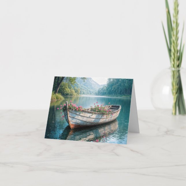 Rosa Geranien in einem Holzboot Feiertagskarte (Vorderseite)