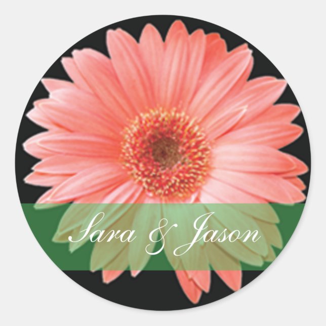 Rosa Gerber Daisy auf schwarzem Hochzeitsticker Runder Aufkleber (Vorderseite)