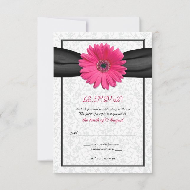 Rosa Gerbera Black Ribbon Wedding Repcard RSVP Karte (Vorderseite)