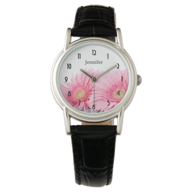 Rosa Gerbera Daisies Elegante Fotografie Armbanduhr (Vorderseite)