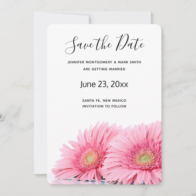 Rosa Gerbera Daisies Elegante Fotografie Save The Date (Vorderseite)