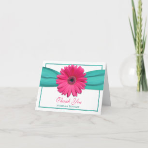 Rosa Gerbera-Daisy Türkise Hochzeits-Dankeschön 3 Dankeskarte