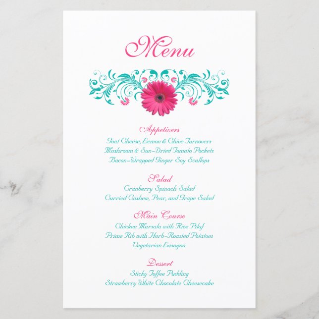 Rosa Gerbera Daisy Wedding Menu Card (Vorderseite)