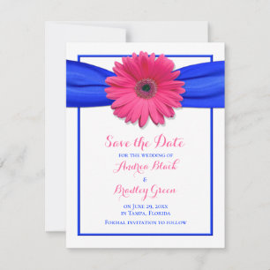 Rosa Gerbera mit Blue Ribbon Save the Date Card