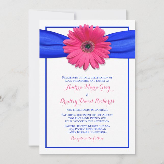 Rosa Gerbera mit Blue Satin Ribbon Einladung (Vorderseite)