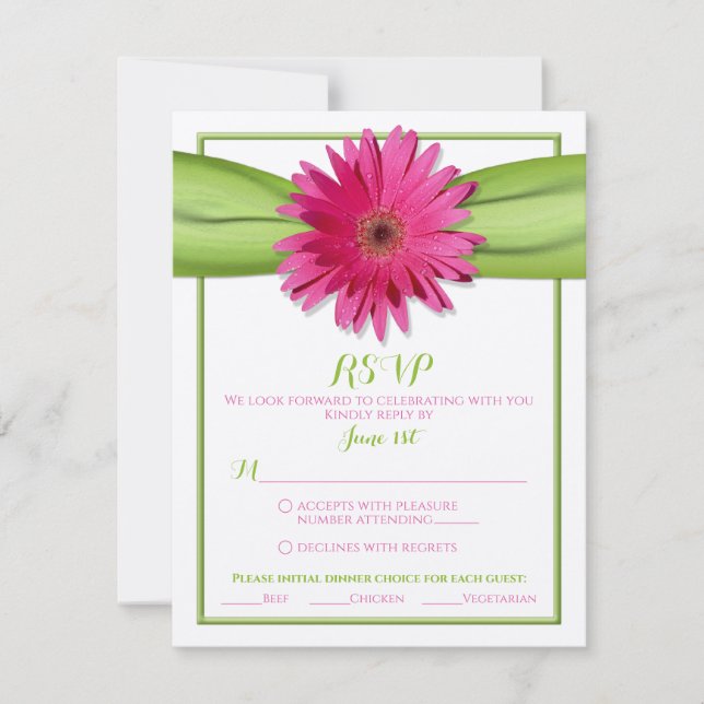 Rosa Gerbera mit Green Ribbon Response Card RSVP Karte (Vorderseite)