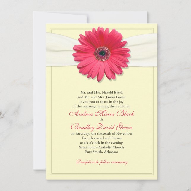 Rosa Gerbera mit Ivory Satin Ribbon Einladung (Vorderseite)