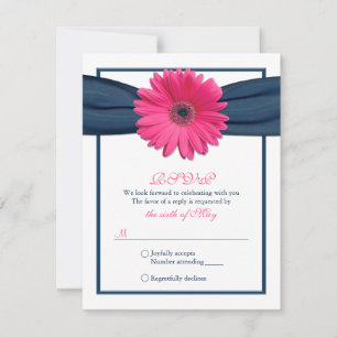 Rosa Gerbera mit Navy Ribbon Response Card RSVP Karte