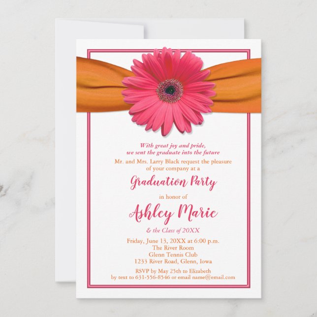 Rosa Gerbera Orange Ribbon Abschluss Einladung (Vorderseite)