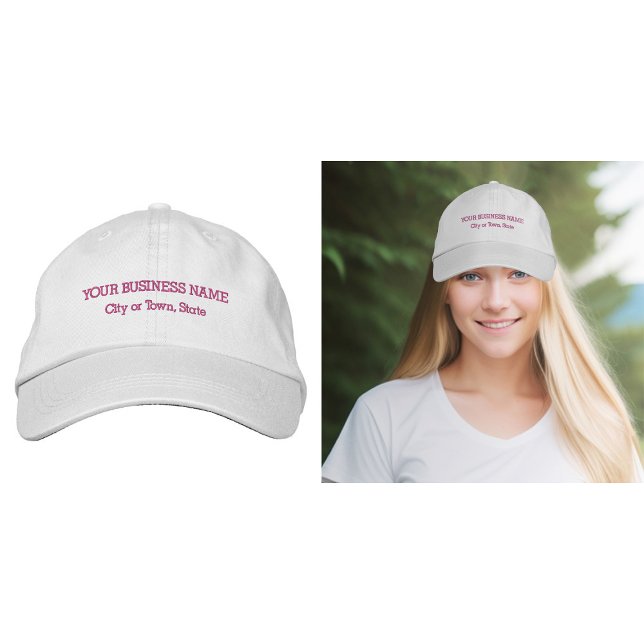 Rosa Geschäftstext bestickt auf Cap Bestickte Baseballkappe (Business name and location embroidered on cap in pink thread)