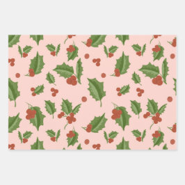 Rosa Geschenkpapier mit Stechpalme Set