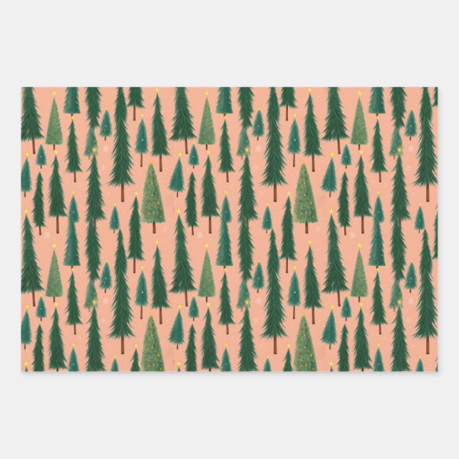 Rosa Geschenkpapier mit Weihnachtsbaum-Motiv, mode Set (Vorderseite)