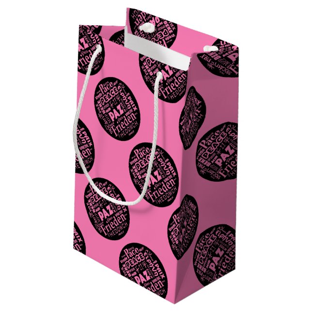 Rosa Geschenktasche Friedensdesign in mehreren Spr Kleine Geschenktüte (Rückseite Schrägansicht)