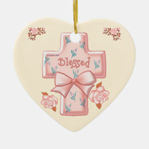 Rosa gesegnetes christliches Kreuz-Herz-Ornament Keramik Ornament