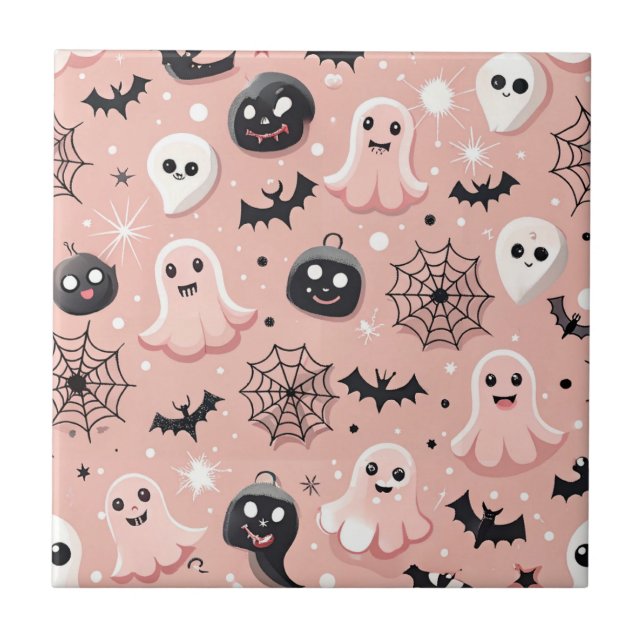 Rosa Gespenster und Halloween Nahtloses Muster Fliese (Vorderseite)