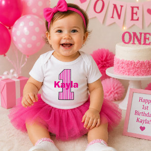 Rosa gestreifte Erstes-Geburtstags-Shirt für Mädch Baby Strampler