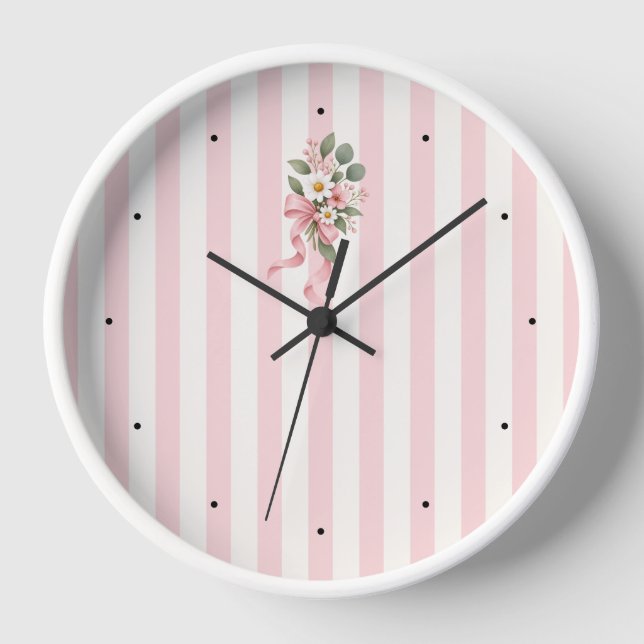 Rosa gestreifte florale botanische Wanduhr (Vorderseite)