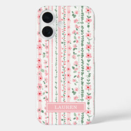 Rosa gestreifte florale Personalisierung iPhone 16 Hülle