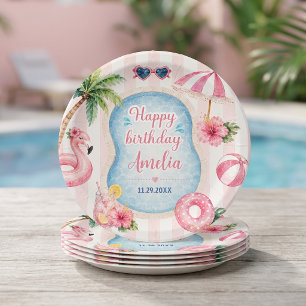 Rosa gestreifte Poolparty Mädchen Geburtstag Papie Pappteller