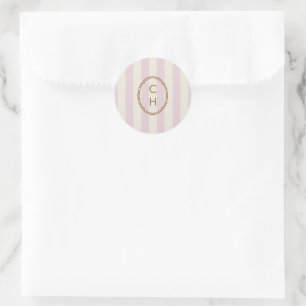 Rosa gestreifter Monogramm-Hochzeitsaufkleber Runder Aufkleber