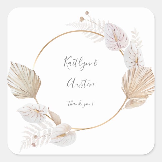 Rosa Getrocknetes Leaf Boho Floral Vielen Dank 3 Quadratischer Aufkleber (Vorderseite)