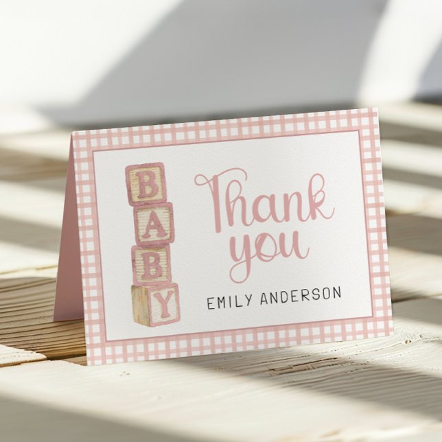 Rosa getüpfelte Gingham-Baby-Dankeskarten | Blöcke Dankeskarte (Thank You Card)