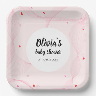 Rosa, gewellte Linien mit niedlichen roten Herzen Pappteller