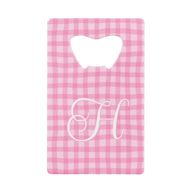 Rosa gewelltes Gingham-Mädchen-Lockschrift-Monogra Geldbeutel Flaschenöffner (Vorderseite)