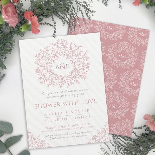 Rosa gezeichnet Blatt-Monogramm-Paare Dusche Einladung (Von Creator hochgeladen)