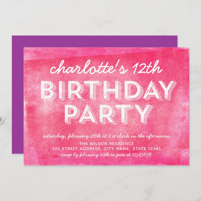 Rosa gezogene Tinte jedes Alter Geburtstag Einladu Einladung (Vorne/Hinten)