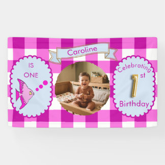 Rosa Gingham 1. Geburtstags-Photo-Fisch-Party  Banner