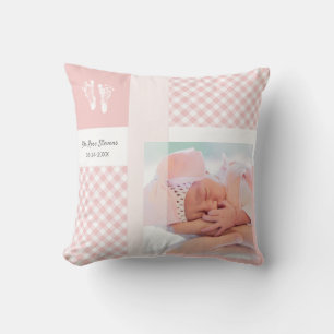 Rosa Gingham-Baby-Foto-Geburtsanzeige Kissen