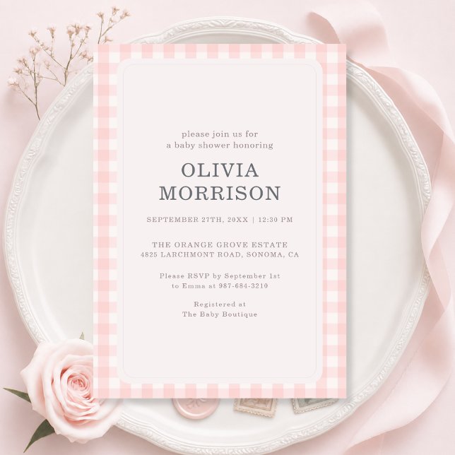 Rosa Gingham-Baby-Party Einladung (Von Creator hochgeladen)