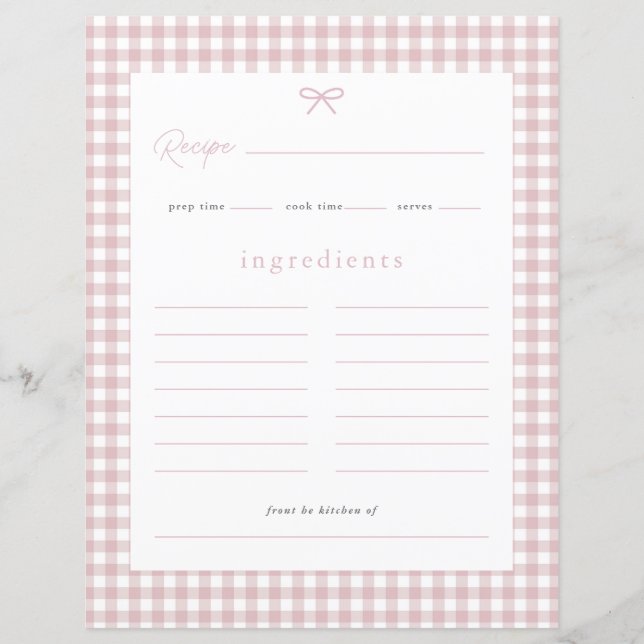 Rosa Gingham-Baby-Party-Rezeptkarte (Vorderseite)