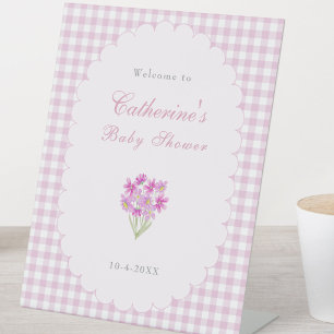 Rosa Gingham-Baby-Shower-Willkommens-Tischschild Sockelschild