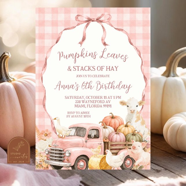 Rosa Gingham Bauernhoftier Kindergeburtstag Einladung (Von Creator hochgeladen)
