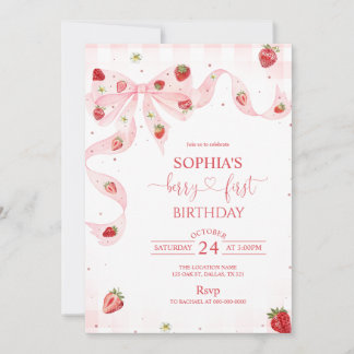 Rosa Gingham-Beere Erste Erdbeere 1. Geburtstag Einladung