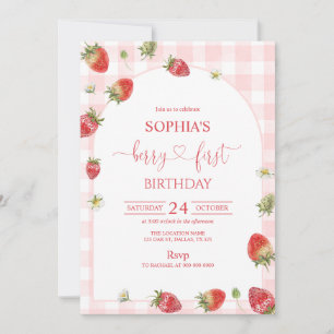 Rosa Gingham-Beeren-Erstgeburtstag 1. Geburtstag Einladung