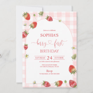 Rosa Gingham-Beeren-Erstgeburtstag 1. Geburtstag Einladung