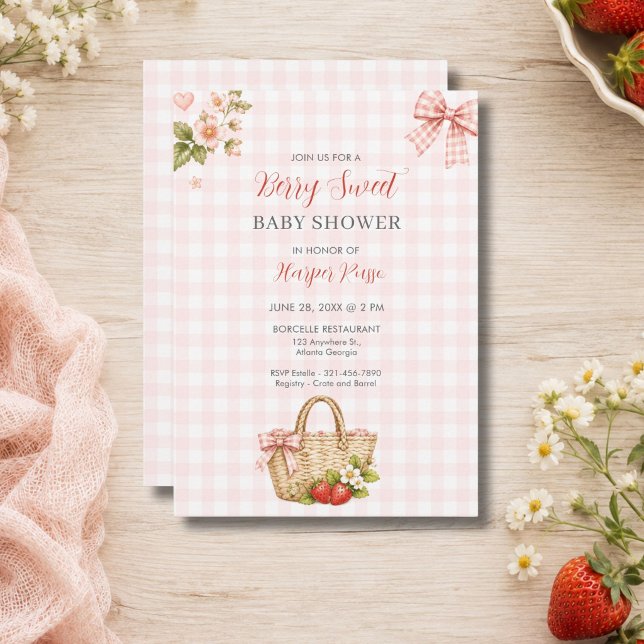 Rosa Gingham-Beeren süße Babyparty Einladung (Pink Gingham Berry Sweet Baby Shower Invitation)