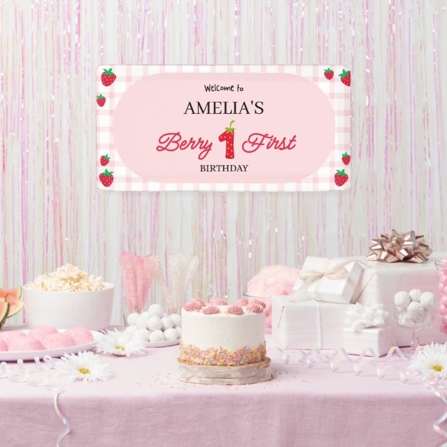 Rosa Gingham "Berry 1. Geburtstag" Willkommensbann Banner (Party)
