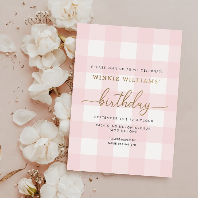 Rosa Gingham Birthday Gold Foil Einladung (Birthday Invitation )